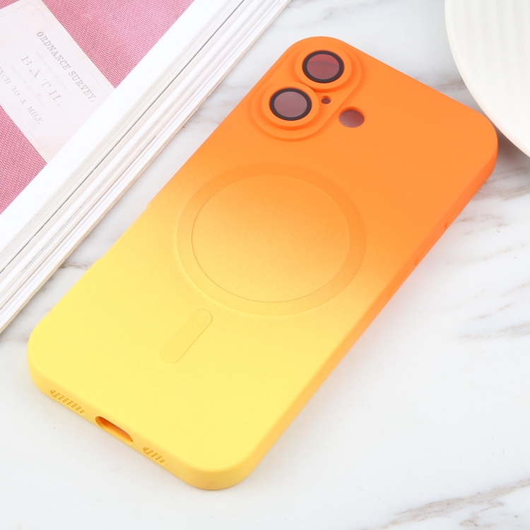 For iPhone 16 Liquid TPU Silicone Gradient MagSafe Phone Case(Orange Yellow) For iPhone 16 Liquid TPU Silicone Gradient MagSafe Phone Case(Orange Yellow)