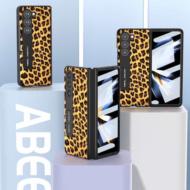 For Samsung Galaxy Z Fold5 ABEEL Integrated Black Edge Leopard Phone Case with Holder(Gold) For Samsung Galaxy Z Fold5 ABEEL Integrated Black Edge Leopard Phone Case with Holder(Gold)