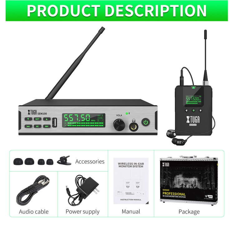 XTUGA SEM100 Professional Wireless In Ear Monitor System 2 BodyPacks (enchufe del Reino Unido) - B12