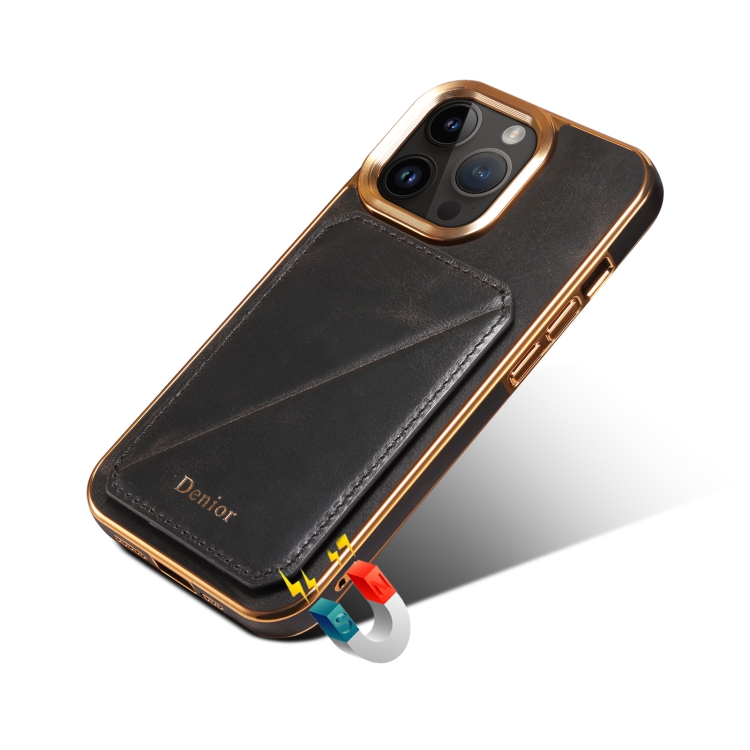 For iPhone 14 Plus Denior Oil Wax Leather Electroplating Card Slot Holder Phone Case(Black) For iPhone 14 Plus Denior Oil Wax Leather Electroplating Card Slot Holder Phone Case(Black)