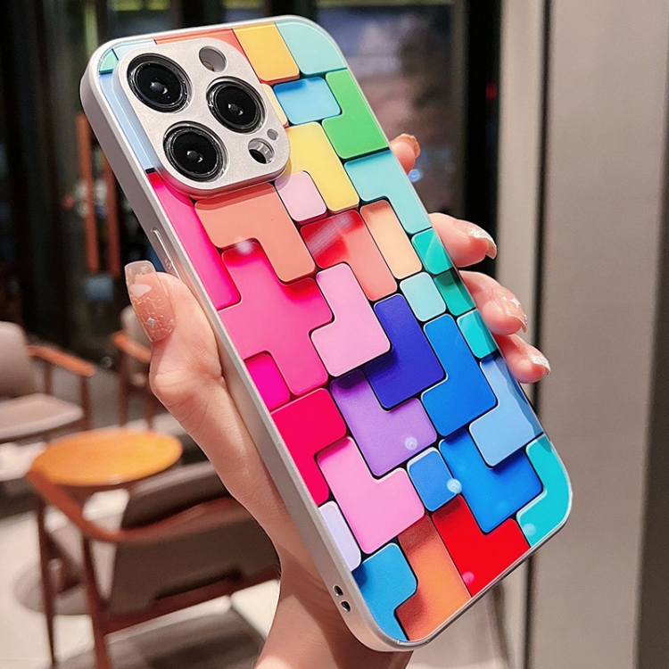 For iPhone 13 mini Colorful Toy Bricks Pattern Shockproof Glass Phone Case(Silver) For iPhone 13 mini Colorful Toy Bricks Pattern Shockproof Glass Phone Case(Silver)