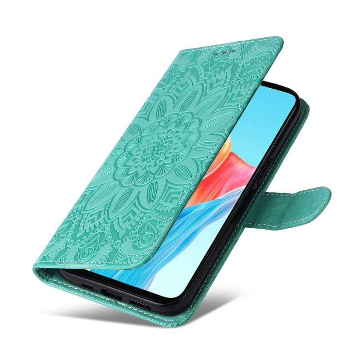 Para OPPO A79 5G Funda de cuero para teléfono con girasol en relieve (azul)