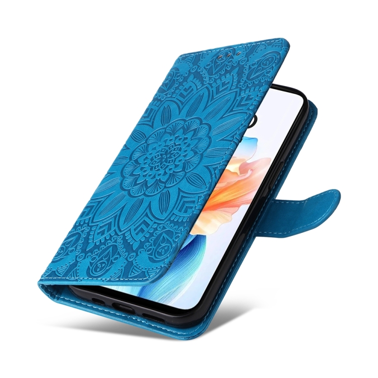 Para OPPO A79 5G Funda de cuero para teléfono con girasol en relieve (azul)