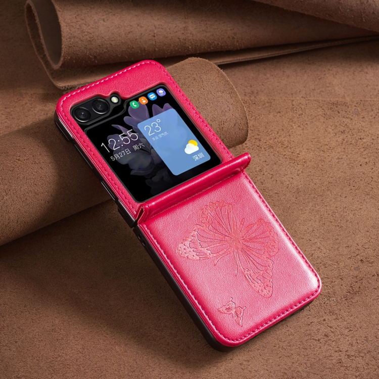 For Samsung Galaxy Z Flip6 Embossing Two Butterflies Leather Phone Case(Rose Red)