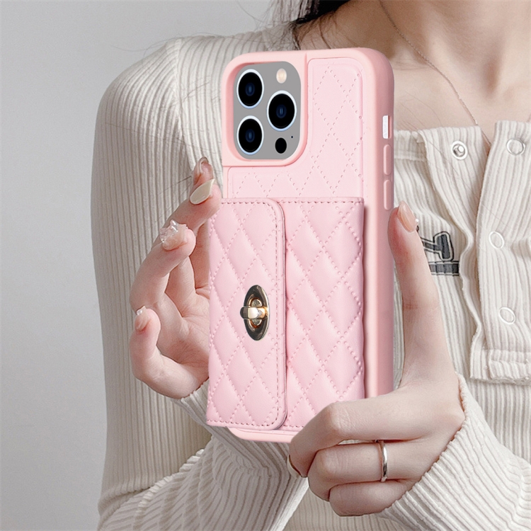 For iPhone 15 Pro Horizontal Wallet Rhombic Leather Phone Case(Pink) For iPhone 15 Pro Horizontal Wallet Rhombic Leather Phone Case(Pink)
