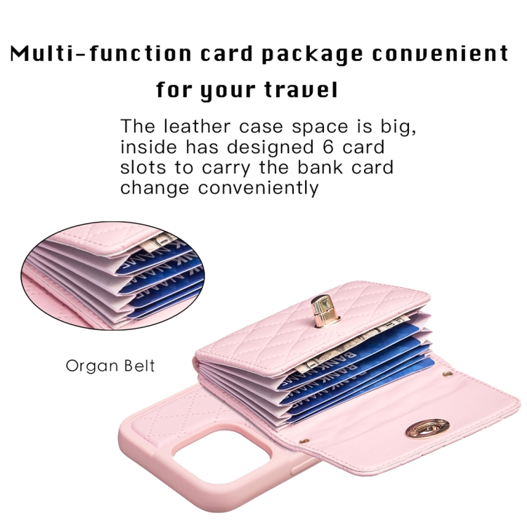 For iPhone 15 Pro Horizontal Wallet Rhombic Leather Phone Case(Pink) For iPhone 15 Pro Horizontal Wallet Rhombic Leather Phone Case(Pink)