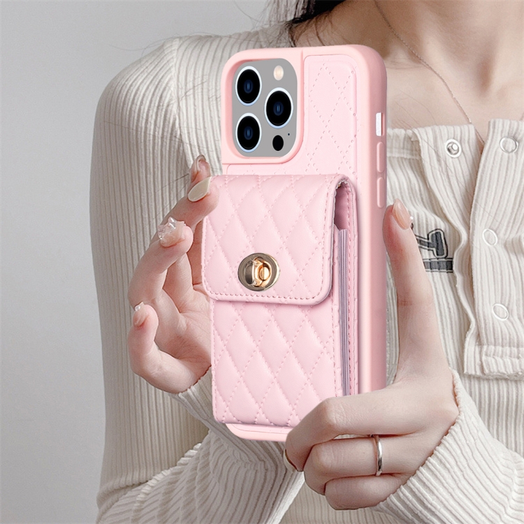 For iPhone 15 Pro Max Vertical Wallet Rhombic Leather Phone Case(Pink) - 1