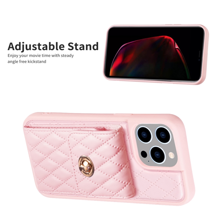 For iPhone 15 Pro Max Vertical Wallet Rhombic Leather Phone Case(Pink) - 4