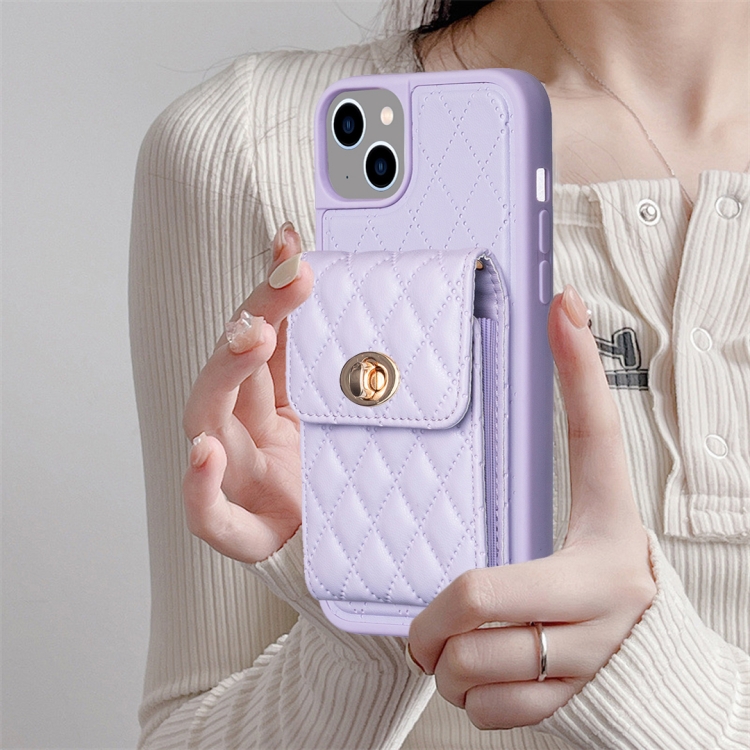 For iPhone 15 Vertical Wallet Rhombic Leather Phone Case(Purple) For iPhone 15 Vertical Wallet Rhombic Leather Phone Case(Purple)