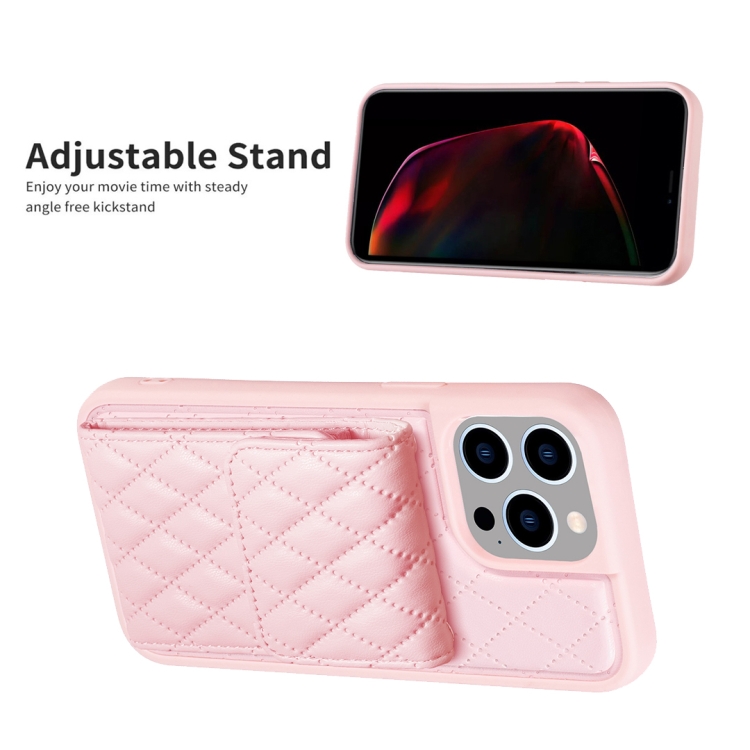 For iPhone 15 Pro Max Vertical Wallet Rhombic Leather Phone Case(Pink) - 4