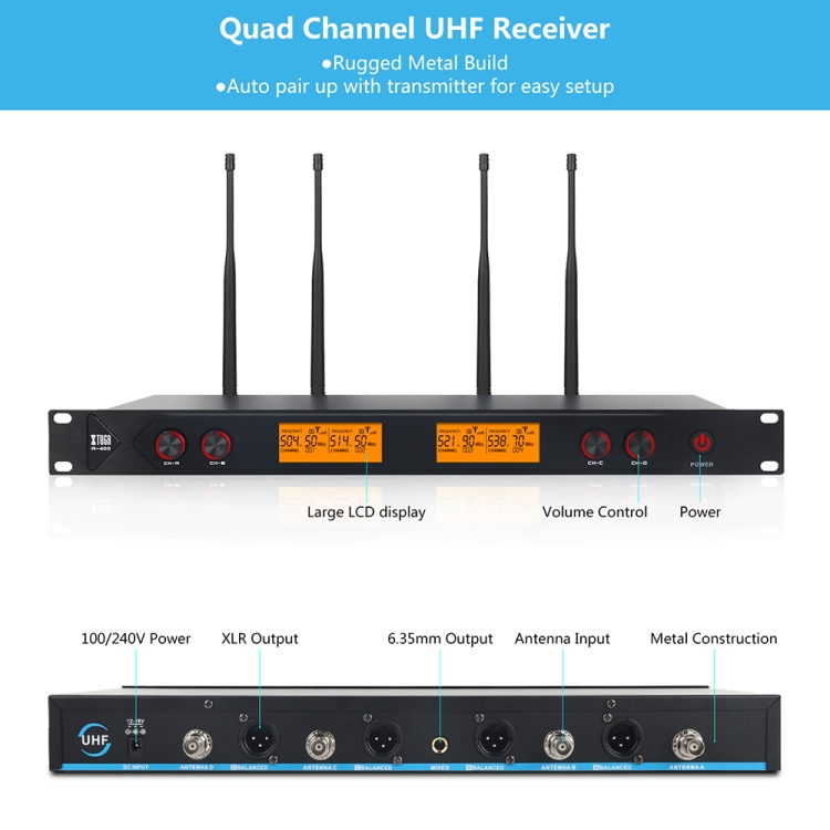 XTUGA A400 4チャンネル UHF ワイヤレスマイクシステム マイク Xtuga A400 4 Channel UHF Wireless Microphone System 4 Hand-held