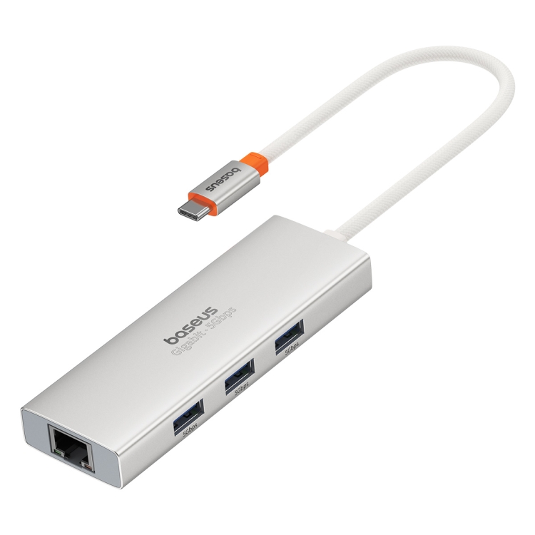 Baseus Portal Joy Series 4 in 1 USB3.0x3+RJ45x1 HUB Adapter, Interface:USB-C / Type-C(Silver) - 1