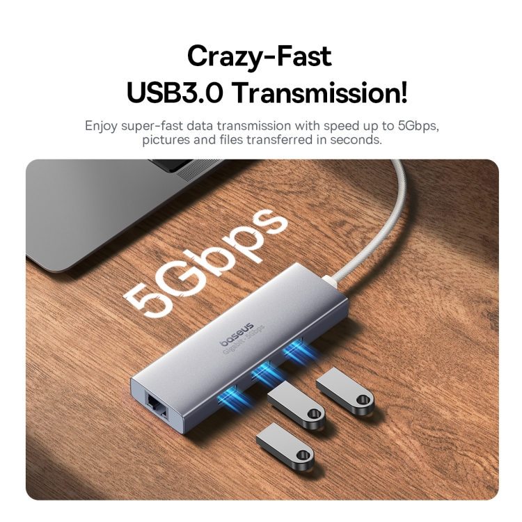 Baseus Portal Joy Series 4 in 1 USB3.0x3+RJ45x1 HUB Adapter, Interface:USB-C / Type-C(Silver) - 2