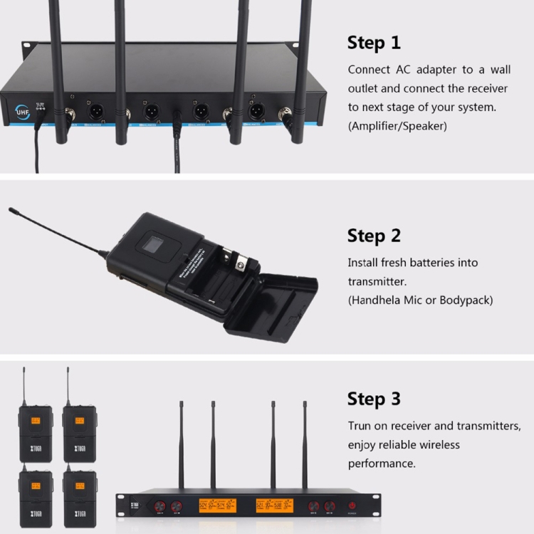 XTUGA A400-B プロフェッショナル 4 チャンネル UHF ワイヤレス マイク システム 4 ボディパック ラベリア ヘッドセット マイク  (英国プラグ) 付き