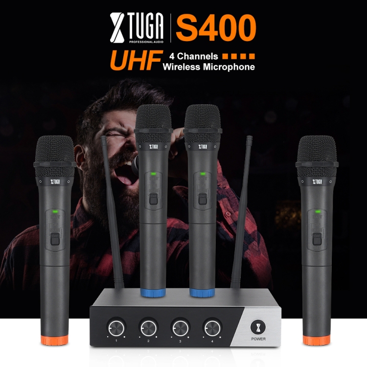 XTUGA S400 Sistema de micrófono inalámbrico UHF profesional de 4 canales con 4 micrófonos de mano (enchufe AU) - B5
