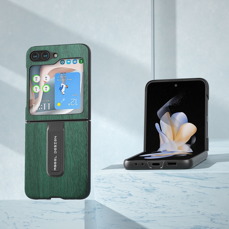 For Samsung Galaxy Z Flip5 ABEEL Wood Texture PU Phone Case with Holder(Green)