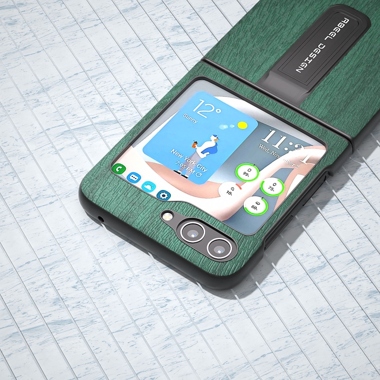 For Samsung Galaxy Z Flip5 ABEEL Wood Texture PU Phone Case with Holder(Green)