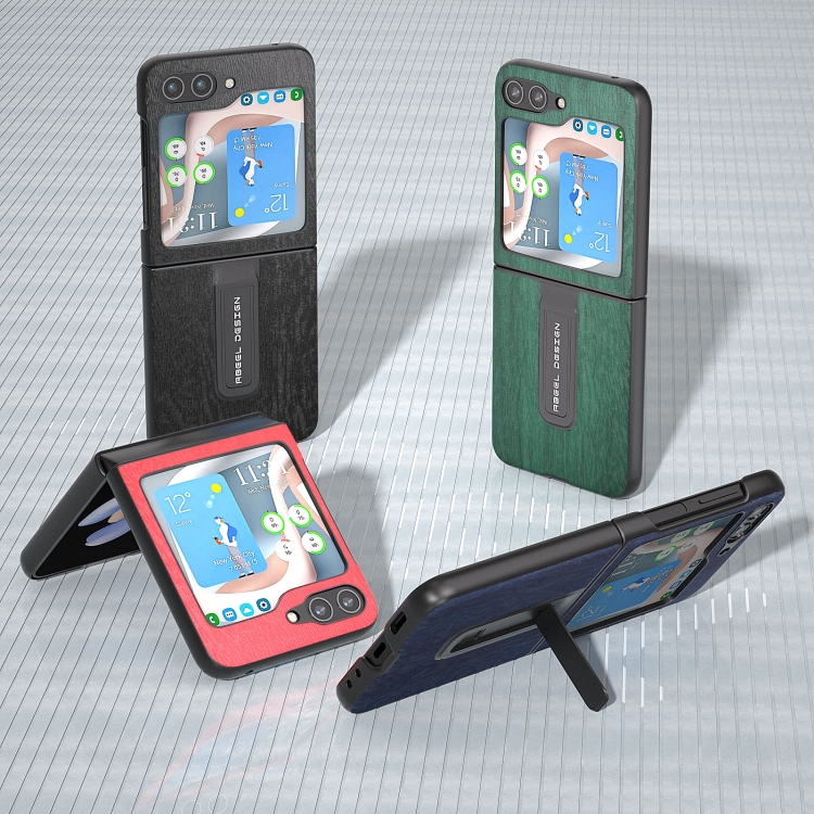 For Samsung Galaxy Z Flip5 ABEEL Wood Texture PU Phone Case with Holder(Green)