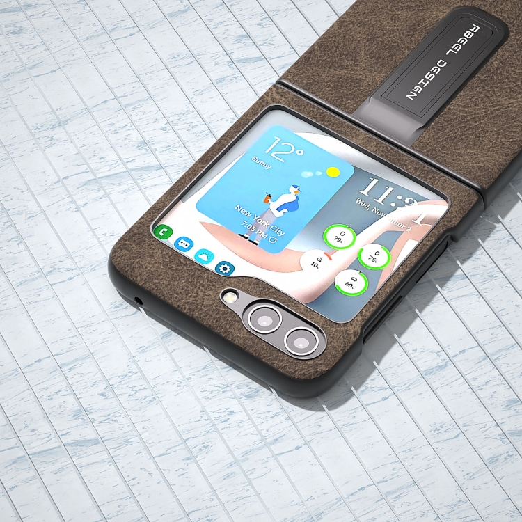 For Samsung Galaxy Z Flip5 ABEEL Dream Litchi Texture PU Phone Case with Holder(Khaki) For Samsung Galaxy Z Flip5 ABEEL Dream Litchi Texture PU Phone Case with Holder(Khaki)