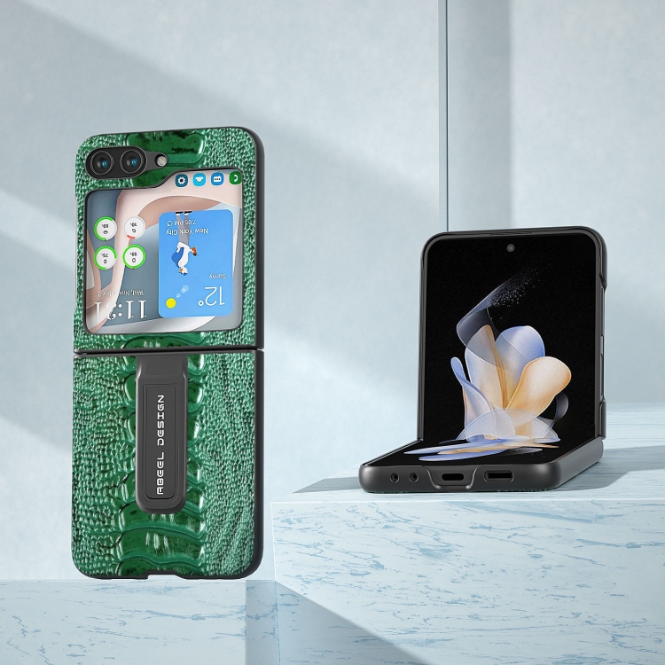 For Samsung Galaxy Z Flip5 ABEEL Genuine Leather Weilai Series Phone Case with Holder(Green)