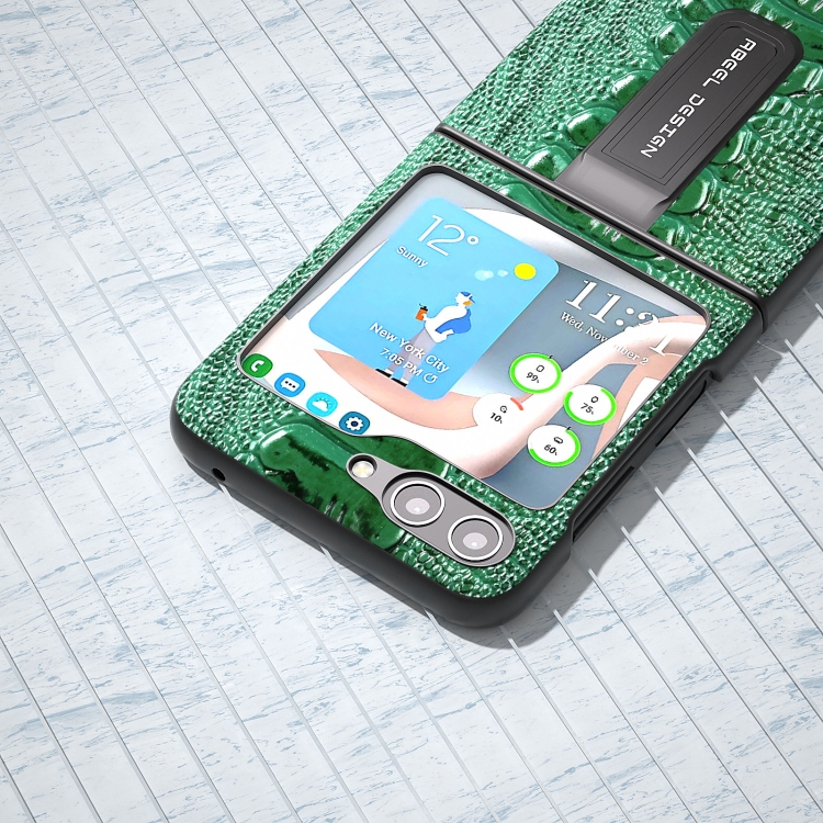 For Samsung Galaxy Z Flip5 ABEEL Genuine Leather Weilai Series Phone Case with Holder(Green)