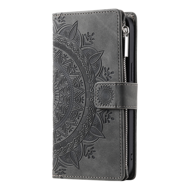 For iPhone 14 Multi-Card Totem Zipper Leather Phone Case(Grey) - 1