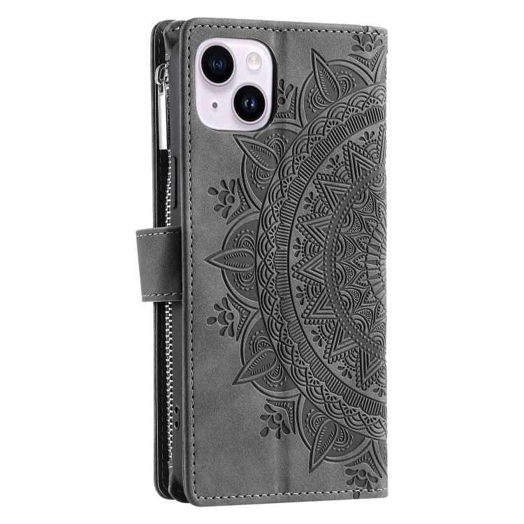 For iPhone 14 Multi-Card Totem Zipper Leather Phone Case(Grey) - 2