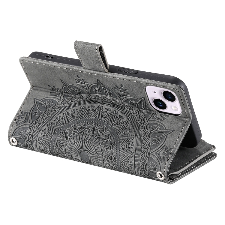 For iPhone 14 Multi-Card Totem Zipper Leather Phone Case(Grey) - 3