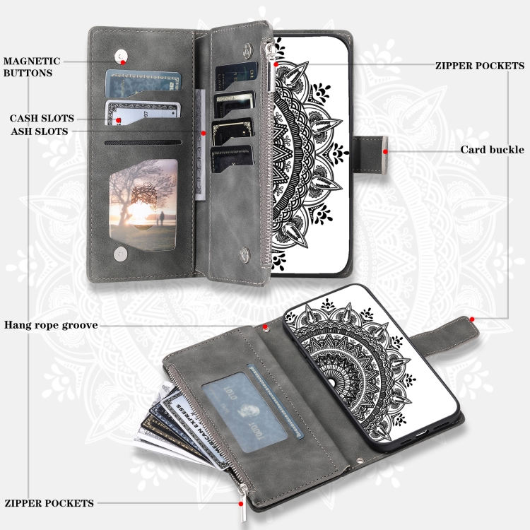 For iPhone 14 Multi-Card Totem Zipper Leather Phone Case(Grey) - 4