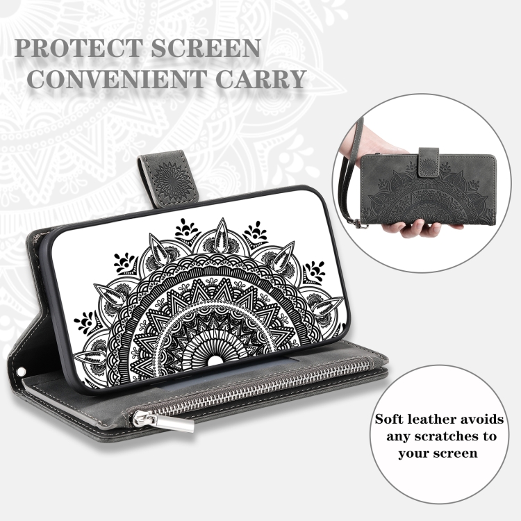 For iPhone 14 Multi-Card Totem Zipper Leather Phone Case(Grey) - 5