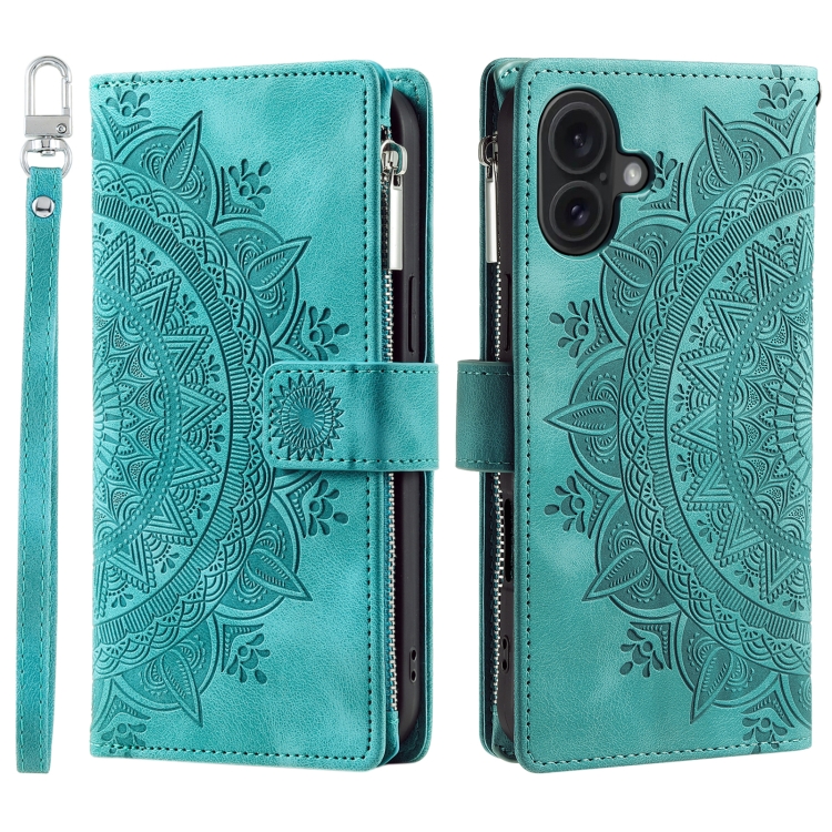 For iPhone 16 Multi-Card Totem Zipper Leather Phone Case(Green) For iPhone 16 Multi-Card Totem Zipper Leather Phone Case(Green)