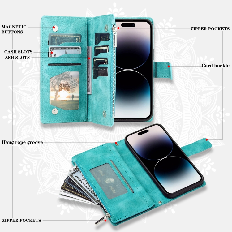 For iPhone 16 Multi-Card Totem Zipper Leather Phone Case(Green) For iPhone 16 Multi-Card Totem Zipper Leather Phone Case(Green)