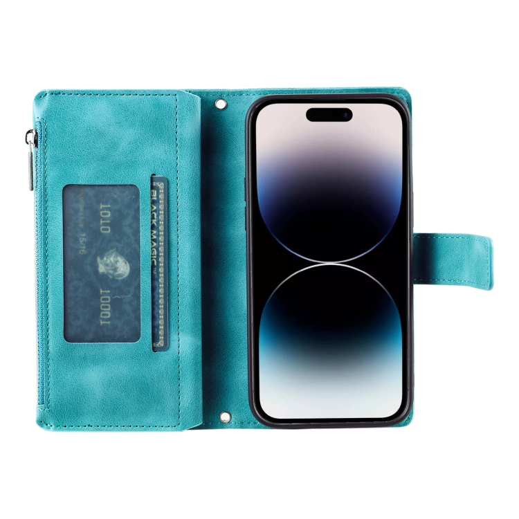 For iPhone 16 Multi-Card Totem Zipper Leather Phone Case(Green) For iPhone 16 Multi-Card Totem Zipper Leather Phone Case(Green)