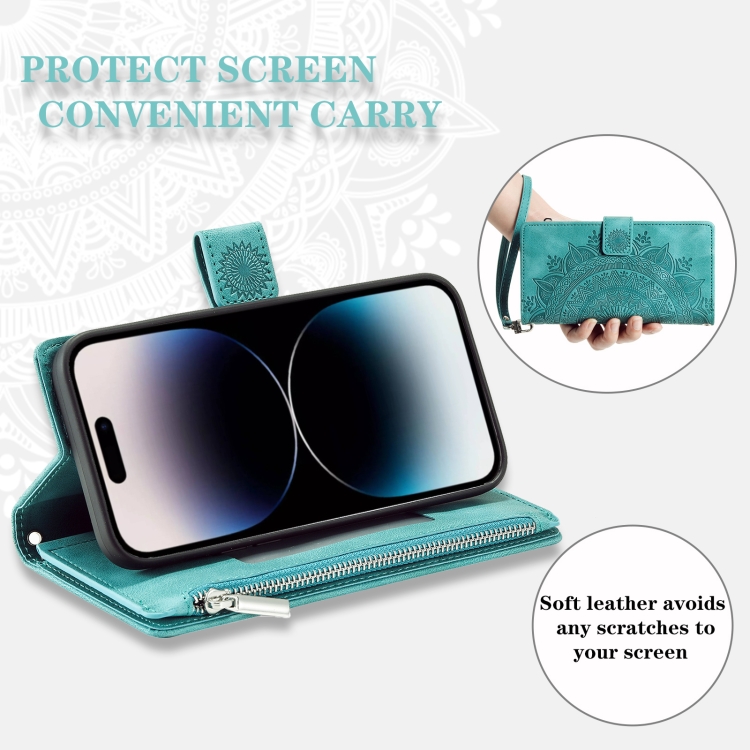 For iPhone 16 Multi-Card Totem Zipper Leather Phone Case(Green) For iPhone 16 Multi-Card Totem Zipper Leather Phone Case(Green)