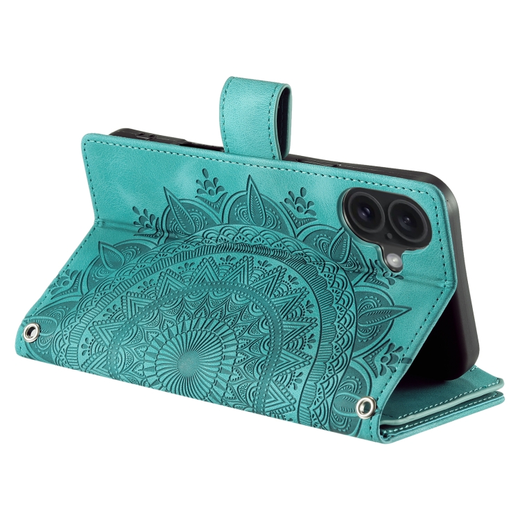 For iPhone 16 Multi-Card Totem Zipper Leather Phone Case(Green) For iPhone 16 Multi-Card Totem Zipper Leather Phone Case(Green)