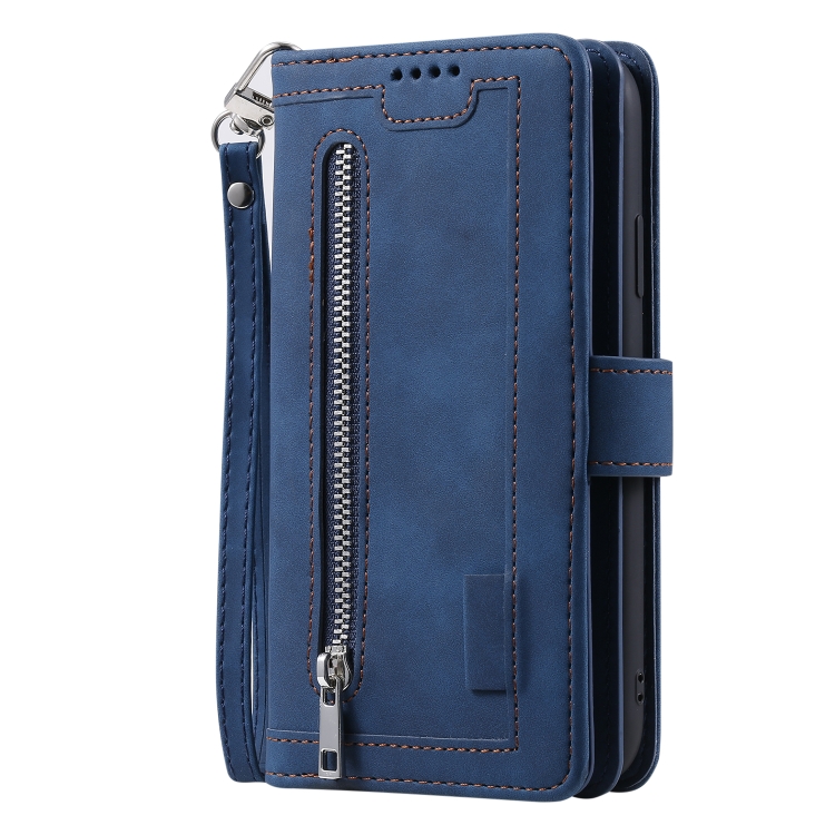 For iPhone 15 Pro Nine Card Zipper Bag Leather Phone Case with Lanyard(Blue) For iPhone 15 Pro Nine Card Zipper Bag Leather Phone Case with Lanyard(Blue)