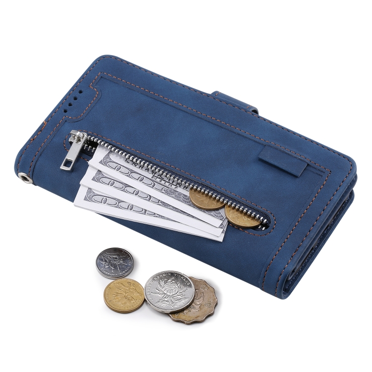 For iPhone 15 Pro Nine Card Zipper Bag Leather Phone Case with Lanyard(Blue) For iPhone 15 Pro Nine Card Zipper Bag Leather Phone Case with Lanyard(Blue)