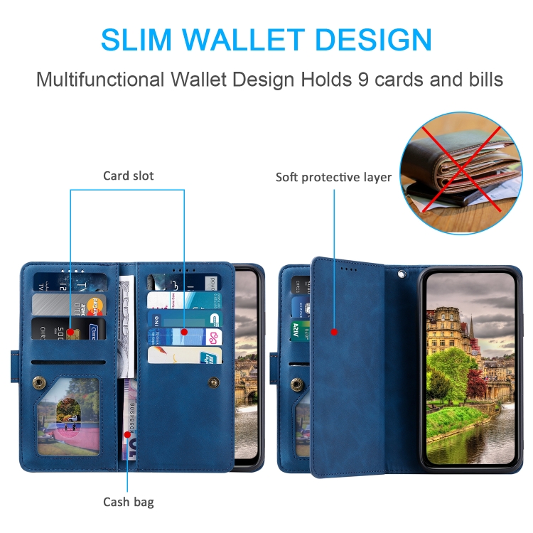 For iPhone 15 Pro Nine Card Zipper Bag Leather Phone Case with Lanyard(Blue) For iPhone 15 Pro Nine Card Zipper Bag Leather Phone Case with Lanyard(Blue)