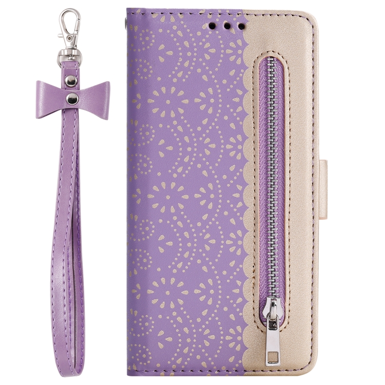 For iPhone 15 Pro Lace Pattern Double Button Zipper Leather Phone Case with Lanyard(Purple) For iPhone 15 Pro Lace Pattern Double Button Zipper Leather Phone Case with Lanyard(Purple)