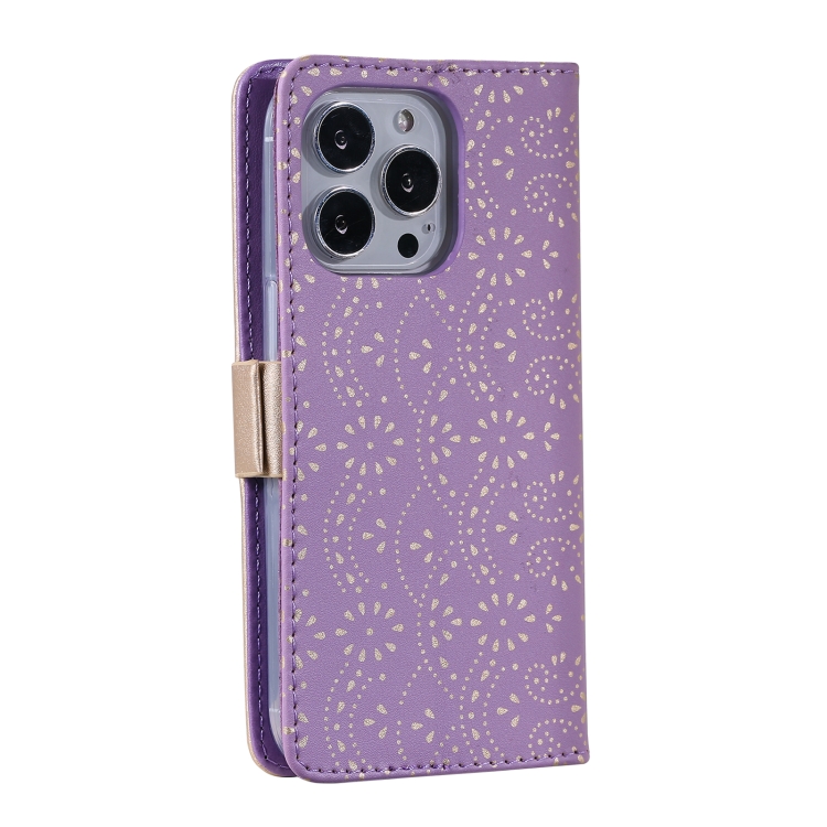 For iPhone 15 Pro Lace Pattern Double Button Zipper Leather Phone Case with Lanyard(Purple) For iPhone 15 Pro Lace Pattern Double Button Zipper Leather Phone Case with Lanyard(Purple)