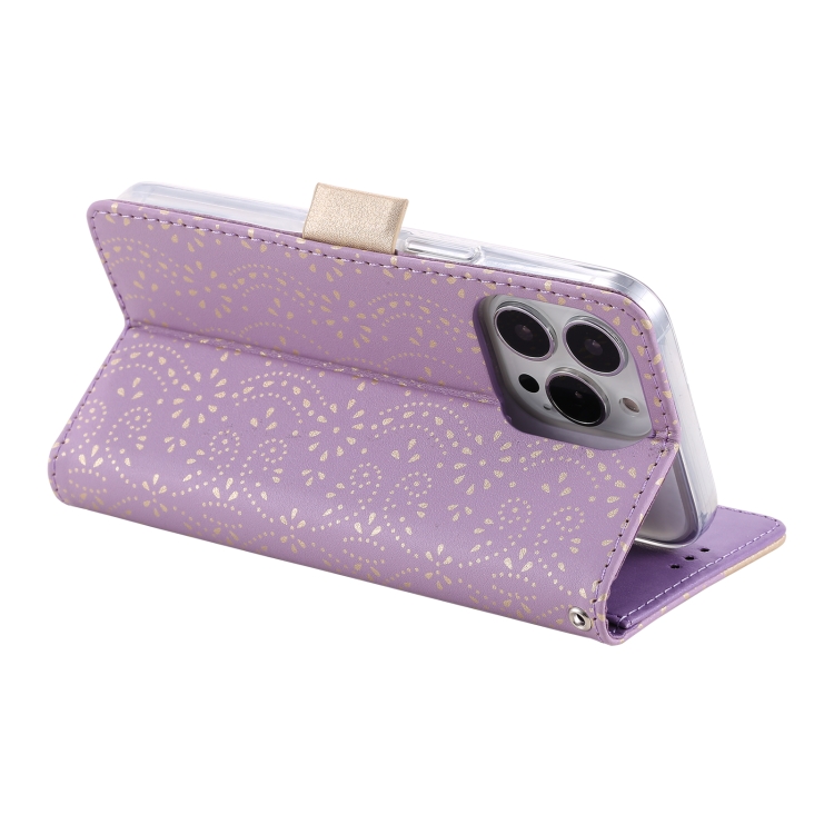 For iPhone 15 Pro Lace Pattern Double Button Zipper Leather Phone Case with Lanyard(Purple) For iPhone 15 Pro Lace Pattern Double Button Zipper Leather Phone Case with Lanyard(Purple)
