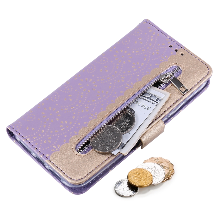 For iPhone 15 Pro Lace Pattern Double Button Zipper Leather Phone Case with Lanyard(Purple) For iPhone 15 Pro Lace Pattern Double Button Zipper Leather Phone Case with Lanyard(Purple)
