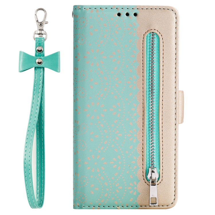 For iPhone 15 Plus Lace Pattern Double Button Zipper Leather Phone Case with Lanyard(Green) For iPhone 15 Plus Lace Pattern Double Button Zipper Leather Phone Case with Lanyard(Green)