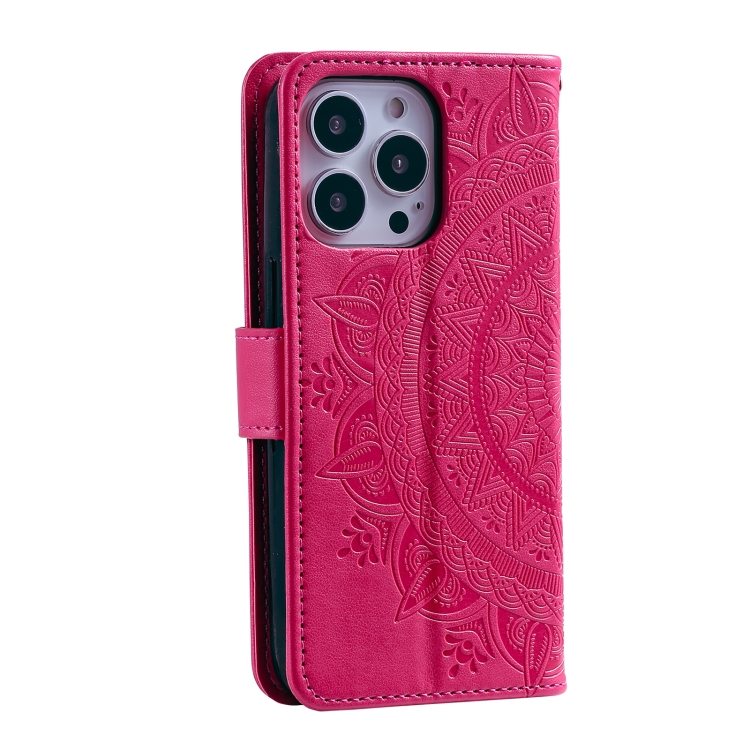 For iPhone 15 Pro Max Totem Flower Embossed Leather Phone Case(Red)