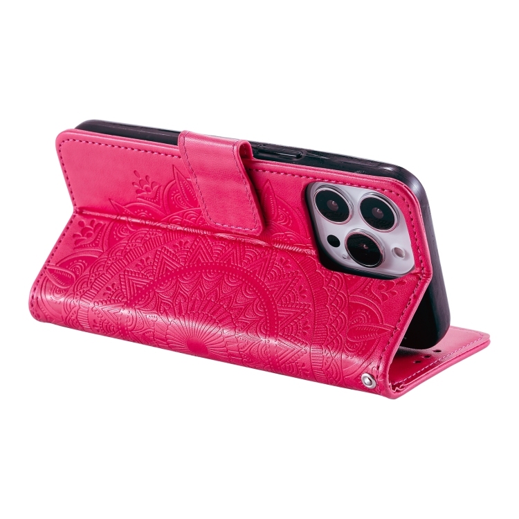 For iPhone 15 Pro Max Totem Flower Embossed Leather Phone Case(Red)