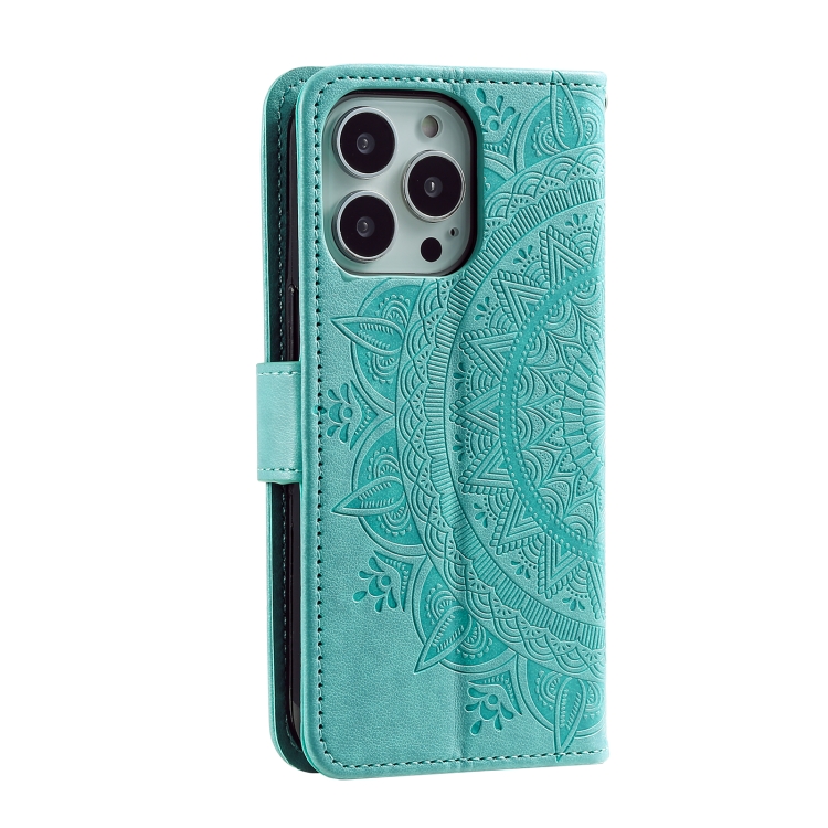 For iPhone 16 Pro Totem Flower Embossed Leather Phone Case(Green) For iPhone 16 Pro Totem Flower Embossed Leather Phone Case(Green)