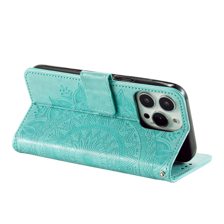 For iPhone 16 Pro Totem Flower Embossed Leather Phone Case(Green) For iPhone 16 Pro Totem Flower Embossed Leather Phone Case(Green)