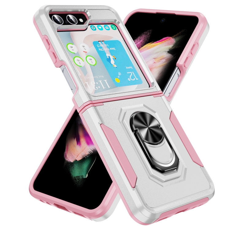 For Samsung Galaxy Z Flip5 5G Pioneer Armor PC + TPU Phone Case with Holder(White + Pink) For Samsung Galaxy Z Flip5 5G Pioneer Armor PC + TPU Phone Case with Holder(White + Pink)