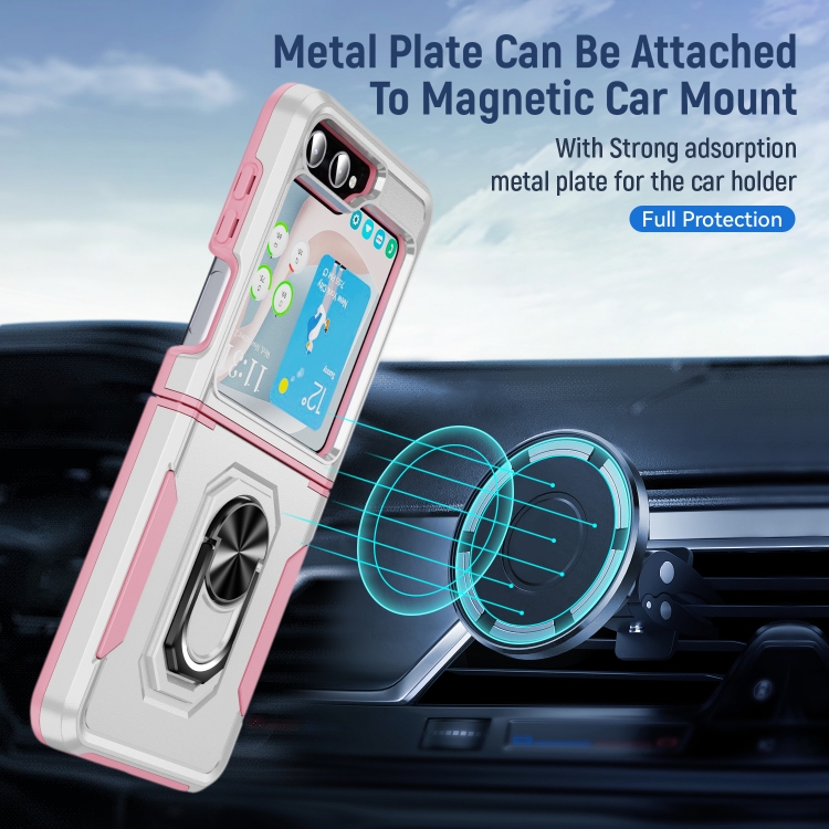For Samsung Galaxy Z Flip5 5G Pioneer Armor PC + TPU Phone Case with Holder(White + Pink) For Samsung Galaxy Z Flip5 5G Pioneer Armor PC + TPU Phone Case with Holder(White + Pink)