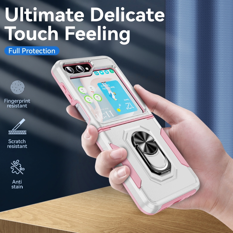 For Samsung Galaxy Z Flip5 5G Pioneer Armor PC + TPU Phone Case with Holder(White + Pink) For Samsung Galaxy Z Flip5 5G Pioneer Armor PC + TPU Phone Case with Holder(White + Pink)